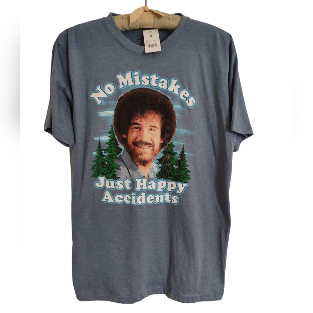 NWT Bob Ross Medium Blue Short Sleeve T-Shirt No Mistakes Just Happy Accidents